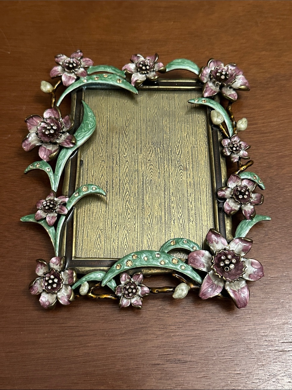 Floral Purple White and Green Enamel Rhinestone Decorative Photo Frame